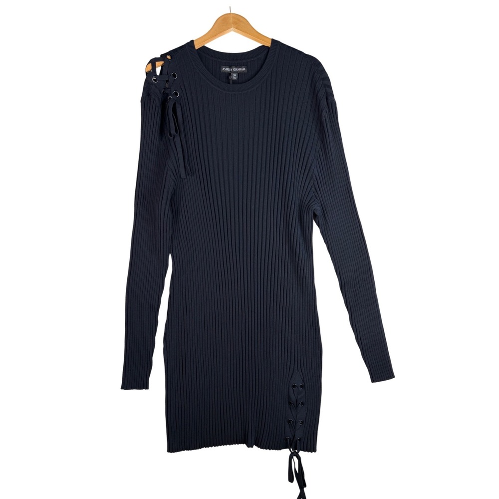 New Ashley Graham Ribbed Lace Shoulder Ribbed Long Sleeve Dress size 5X Black